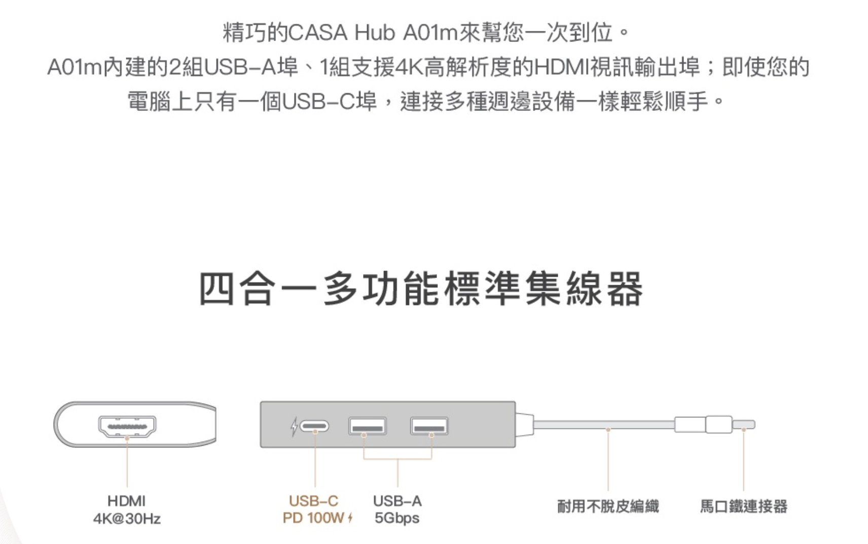 ADAM 亞果元素 CASA HUB A01m USB-C 3.1 4 Port Hub 多功能集線器, 灰