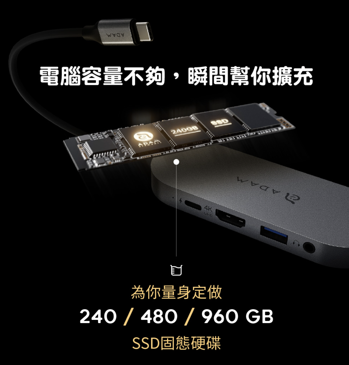 ADAM 亞果元素 CASA HUB S USB-C 五合一 240GB 外接 SSD 固態硬碟集線器