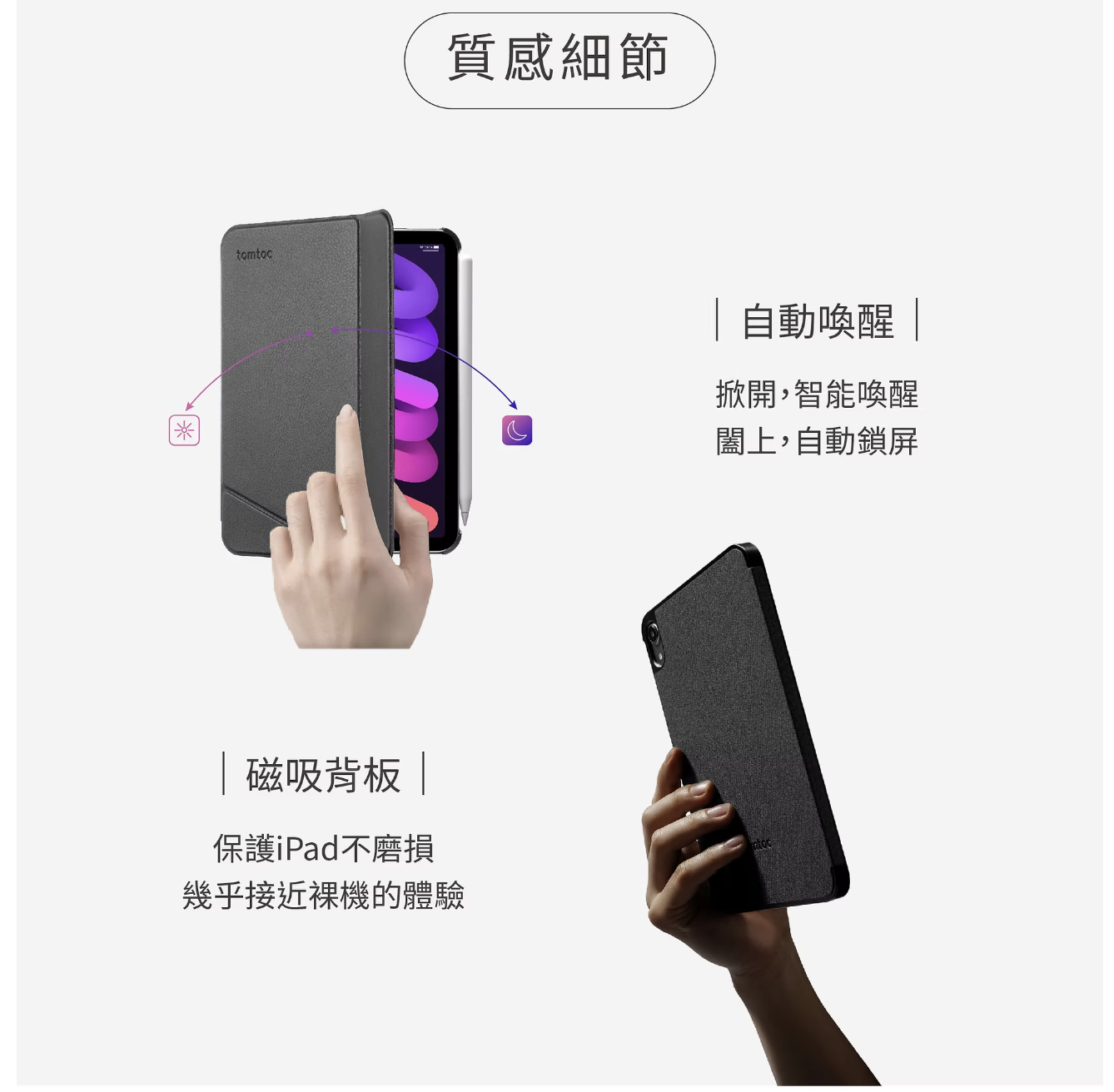 tomtoc 磁吸可拆式 2024 iPad mini 7 (8.3 吋) 聰穎雙面夾保護套, 黑